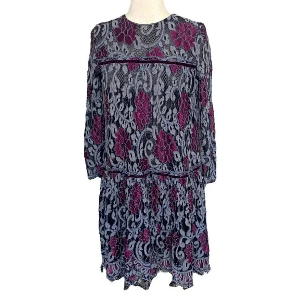 Melange Girl 14 gray + purple lace‎ long sleeve dress with velvet strips